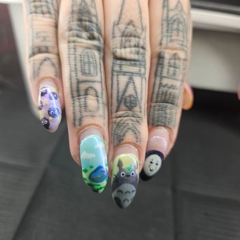 Dreamy skies for @wrentattoo 💖 Thank you! We said goodbye to the Studio Ghibli nails and cut down a lot of length. Sometimes you don't realise how long your nails are, until you can't do everyday things. The most common complaint I get is flushing the toilet 🤣 Swipe to see the 4 week retention. Services: Infill builder gel Gold tier nail art #scratchmagazine #nailpromagazine #thesalonmaguk #Nailitdaily #Nailitmedia #Thenailawards #Stars #Celestial #Spacenails #Celestialnails #Celestialna... Studio Ghibli Nails, Ghibli Nails, Frog Nails, Space Nails, Builder Gel, Nail Pro, Studio Ghibli, The Studio, The 4