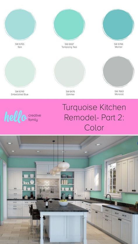 Kitchen Color Ideas For Walls Paint, Turquoise Kitchen Walls, Turquoise Wall Paint, Turquoise Kitchen Ideas, Aqua Kitchen Cabinets, Light Aqua Paint, Teal Kitchen Walls, Coloured Kitchens, Turquoise Paint Colors