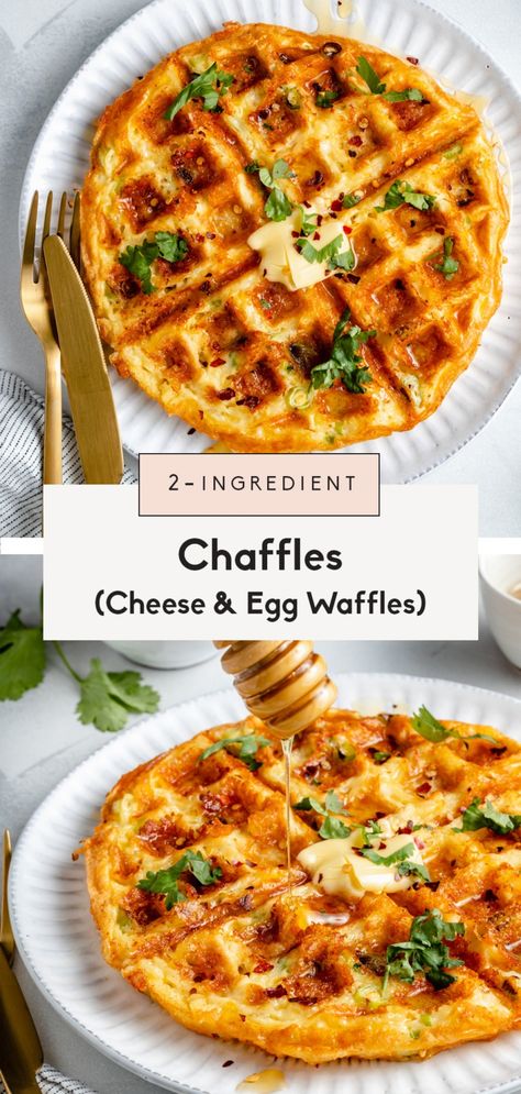 Amazing low carb cheese and egg waffles, or "chaffles," made with two base ingredients. This easy recipe for chaffles takes just 15 minutes to make and is gluten free, vegetarian, keto-friendly and packed with protein! Enjoy chaffles for a delicious breakfast or brunch with your fav toppings and sides. #chaffles #waffles #eggs #healthybreakfast #healthybrunch #lowcarb #glutenfree #keto Waffle Iron Egg Recipes, Cheese Egg Waffle, Healthy Waffle Maker Ideas, Egg Recipes Gluten Free, Waffle Omelette Recipe, Waffle Maker Eggs, Recipes For Dash Mini Waffle Maker, Healthy Waffle Toppings, Lowcarb Breakfast Recipes