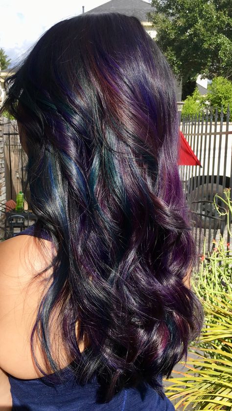 Brunette Colored Highlights, Funky Highlights For Dark Brown Hair, Galaxy Hair Highlights, Oil Slick Money Piece Hair, Oil Slick Highlights, Black Hair Colorful Highlights, Colorful Lowlights, Dyed Hair Multicolor, Cool Dark Hair Color Ideas