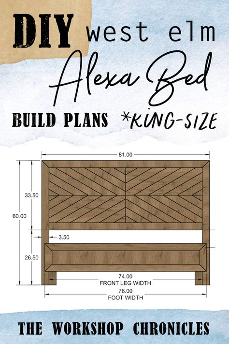 Build your own West Elm inspired bed frame based on the Alexa bed and chevron style headboard with these build plans #westelm #alexabed #diybed Headboard Plans, Diy Headboard Footboard Ideas, Diy Chevron Headboard, King Size Bed Plans, King Bedframe Ideas Diy, King Bed Frame Plans, Diy Bedroom Furniture Ideas, King Bed Plans, Diy Wood Bedframe