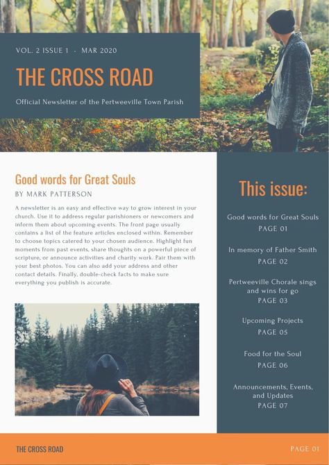 Dark Blue and Orange Nature Photo Church Newsletter - Templates by Canva Dark Blue And Orange, Orange Nature, Church Newsletter, Email Newsletter Template, Social Media Buttons, Marketing Business Card, Book Labels, Feature Article, Newsletter Design