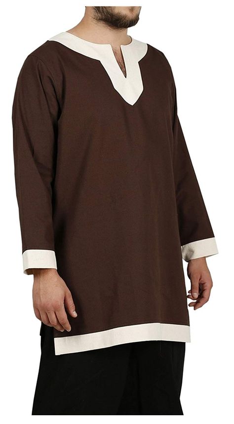 Men's Arthur Medieval Long Sleeve Brown Tunic with Contrasting Natural Trim Africa Burn, 1st Period, Medieval Men, Men Costumes, Brown Tunic, Peasant Shirt, Medieval Fashion, Hipster Fashion, Tunic Shirt