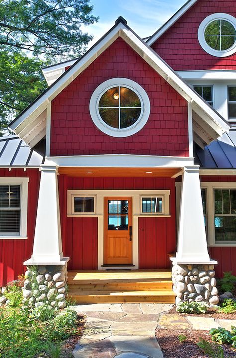 Would You Live in a Red House? - Town & Country Living Red House Exterior, Yankee Barn Homes, Gambrel Style, Red Houses, Rustic Exterior, Exterior House Color, Cabin Exterior, Red Cottage, Craftsman Style Homes