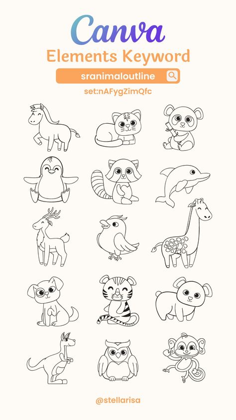 Cute Animal Outline - Canva Elements Keyword Canva Keywords Elements, Font Canva Lettering, Children's Book Layout, Canva Keywords, Animal Outline, Canva Frames, Elements Canva, Line Doodles, Keyword Elements Canva