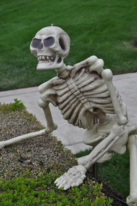 the "lookout" Grave Halloween, Giant Skeleton, Halloween Yard Art, Army Of Darkness, Halloween Animatronics, Plastic Skeleton, Skeleton Head, Painting Plastic, Halloween Yard