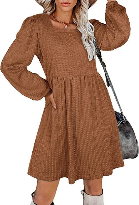 Square Neck, knit, long sleeve, tunic dress. 

Brown -- green -- beige -- wine Womens Fall Dresses, Flowy Dress Short, Dresses Amazon, Cute Sweater Dresses, Babydoll Dresses, Square Neck Long Sleeve, Amazon Clothes, Dresses Casual Fall, Backless Prom Dresses