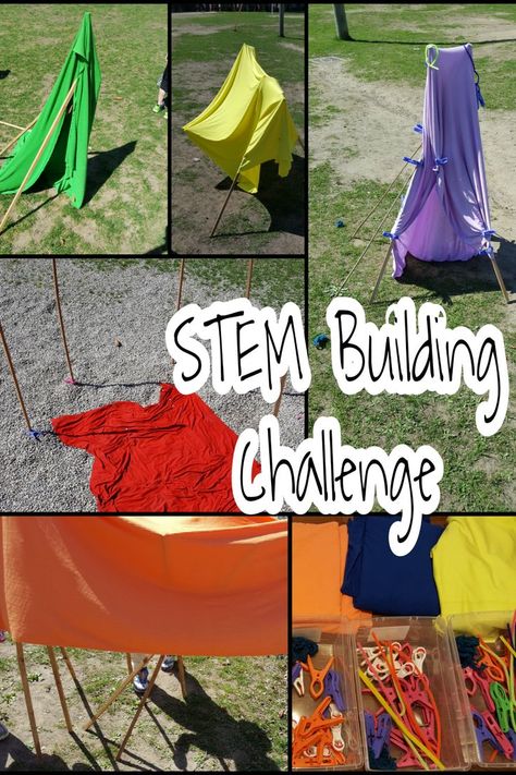 STEM (Science Technology Engineering and Math) challenges are always a hit with kids.  This challenge takes building to a whole new level.  For elementary school aged children, this activity reinforces team work and structures and stability.  Small groups are given a limited supply of materials to then create their tent/structure. Outdoor Stem Challenges, Stem Challenge Kindergarten, Wilderness Crafts, Tent Structure, Building Games For Kids, Elementary Stem Activities, School Age Activities, Steam Ideas, Stem Classes