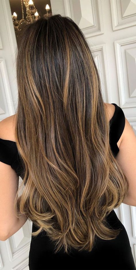 Orange Blonde Highlights On Dark Hair, Women Hair Highlights Colour, Hair Colour For Long Hair Highlights, Hair Global Highlights, Half Head Caramel Highlights, Highlight Colours For Hair, Global Highlights Hair Colour, Global Hair Color With Highlights, Global With Highlights Hair Color