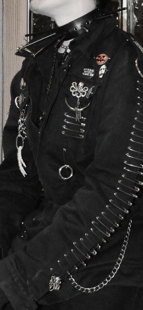 Goth subculture
Goth fashion
DIY Goth Punk jacket with safety needles, brooches and buttons Customized Clothes Ideas, Men Gothic Outfit, Visual Kei Mens Fashion, Punk Rock Aesthetic Outfits Men, Emo Outfit Male, Formal Goth Outfits Men, Alt Clothes Men, Masculine Alternative Outfits, Punk Clothing Men