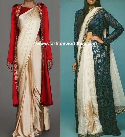 Sari With Long Jacket, Saree With Long Jacket Indian Weddings, Sarees With Long Jackets Style, Long Jacket With Saree, Long Jacket Outfit Indian Wedding, Jacket For Saree, Long Jackets For Women Indian, Sarees With Jackets, Ethnic Jackets For Women Indian