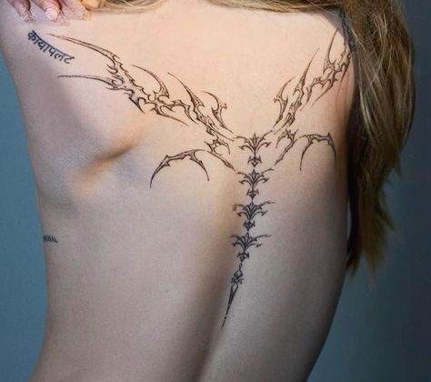 Dove Cameron Back Tattoo, Aphrodite Tattoo, Dove Cameron Tattoo, Bff Tattoos, Creepy Tattoos, Spooky Tattoos, Spine Tattoos, Wings Tattoo, Best Tattoo Designs