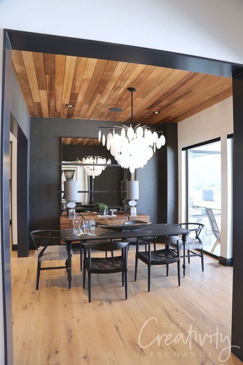 Black Wall Wood Ceiling, Plank Ceiling Dining Room, Kitchen Accent Ceiling, Black Bedroom Wood Ceiling, How To Paint Wood Ceiling, Office With Wood Ceiling, Black And Wood Ceiling, Dining Room Accent Ceiling, Dining Room With Wood Ceiling