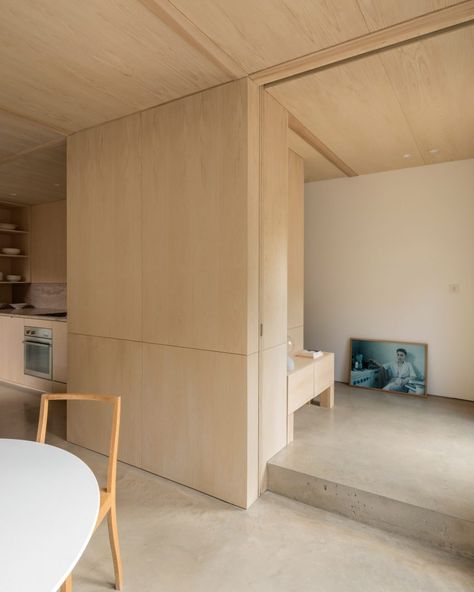 Ash-veneered plywood has then been used to craft the storage cabinetry in the kitchen and the central breakfast island. Tan Leather Sofas, Plywood Interior, Timber Panelling, Comfy Seating, Red Brick House, House Extension, Timber Structure, Minimal Home, House Extensions