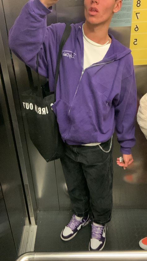 Purple Outfit Men Aesthetic, Streetwear Fashion Purple, Zip Up Hoodie Outfit Men Streetwear, Purple Aesthetic Outfit Men, Black And Purple Streetwear Outfit Men, Purple Fits Aesthetic Men, Purple Fits Streetwear, Space Aesthetic Outfit Men, Purple Windbreaker Outfit