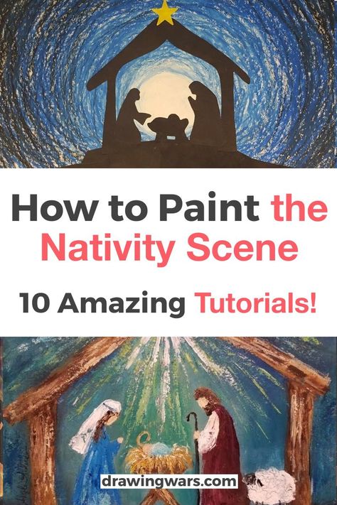 Christmas Scenes To Paint Easy, Nativity Scenes Christmas, Diy Nativity Painting, What To Paint Christmas, Painting A Nativity Scene, Nativity Painting Tutorial, Nativity Scene Painting Easy, How To Draw A Nativity Scene, How To Paint Canvas Step By Step