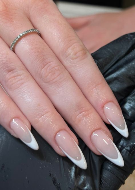 Almond French Tip nails Deep Almond French, White Tip Nails Almond, U French Tip Nails, Pointy French Tip Nails Stilettos, Almond French Design, Pointy Almond French Tip, Medium Oval French Tip Nails, Slim French Tip Nails Almond, Acrylic French Tip Almond