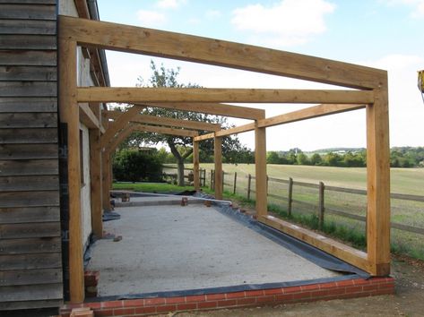 How much for timber framed "extension" with glazed roof panels? | Singletrack Magazine Forum Terrasse Med Tak, Timber Frame Extension, Oak Framed Extensions, Lean To Roof, Pergola Diy, Lean To Shed, Wooden Structure, Pergola With Roof, Patio Roof