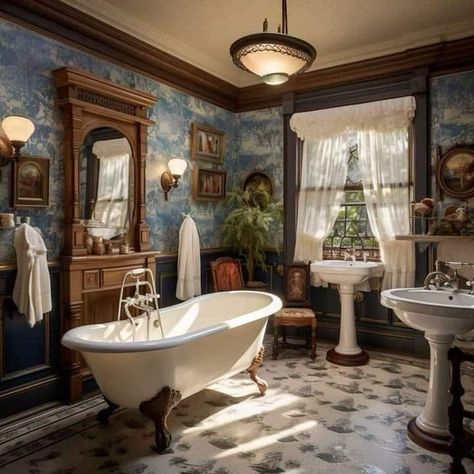 1850s Aesthetic House, Victorian Homes Bathroom, Victorian Era Homes Interiors, Victorian Homes Interior Living Room, Old Money Bathroom, Blue Vintage Bathroom, Princess Apartment, Sims Interior, Sanctuary Decor