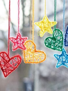 Hearts and Stars Dream Catchers | Yarn | Free Knitting Patterns | Crochet Patterns | Yarnspirations love these - baby mobile?! x Hearts And Stars, Dream Catcher Craft, Pipe Cleaner Crafts, Yarn Inspiration, Dream Catchers, Valentine Crafts, Window Display, The Shape, School Crafts