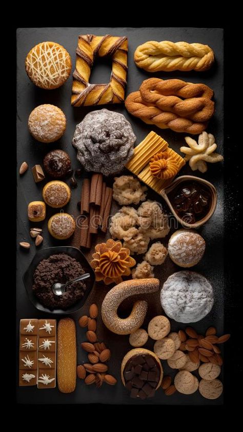 Spanish pastry, sweets, flat lay, knolling, top view assorted cookies and traditional desserts, AI generative overhead stock image Plate Of Cookies Aesthetic, Photographing Cookies, Bread And Pastry Background Aesthetic, Cookies Food Photography Styling, Spanish Pastry, Bread And Pastry Background, Cookie Photography, Traditional Desserts, Assorted Cookies