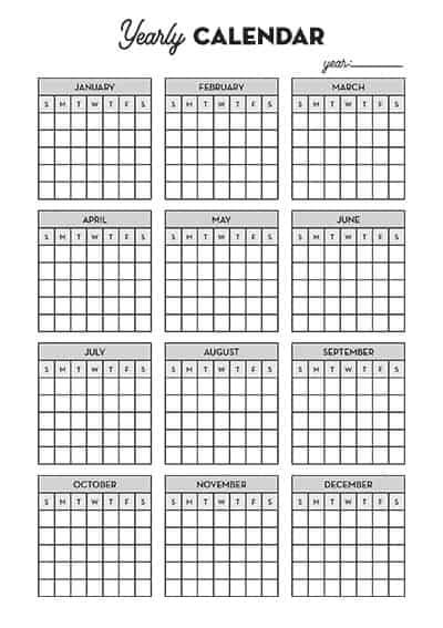 Free Printable Blank Yearly Calendar Template for your bullet journal - Lovely Planner Month Tabs Printable Free, 2024 Planner Printable Free, Bullet Journal Printables Free Templates, Bullet Journal Templates Free Printables, Bullet Journal Ideas Pages Printable, Journal Templates Printable Free, Yearly Tracker Bullet Journal, Bullet Journal Pages Printable, Bullet Journal Calendar Printable