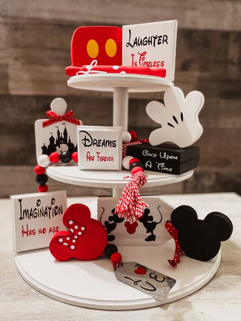 Disney Christmas Kitchen, Mickey Tiered Tray Decor, Mickey Mouse Tiered Tray, Disney Crafts To Sell, Disney Tiered Tray, Disney Tiered Tray Decor, Disney Kitchens, Diy Disney Decor, Tier Tray Ideas