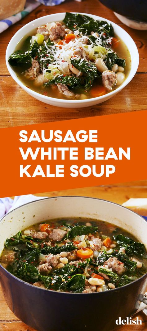 Sausage White Bean & Kale Soup Is Our Newest Healthy ObsessionDelish Kale Sausage White Bean Soup, Bean Kale Soup, Sausage White Bean, White Bean And Kale Soup, White Bean Kale, Kale White Bean, Bean And Kale Soup, White Bean And Kale, White Bean Kale Soup