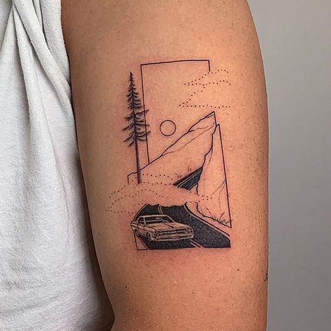 Landscape Frame Tattoo, Seashore Tattoo, Denmark Tattoo, Building Tattoo, Square Tattoo, Back Of Arm Tattoo, Surreal Tattoo, Framed Tattoo, Forearm Band Tattoos