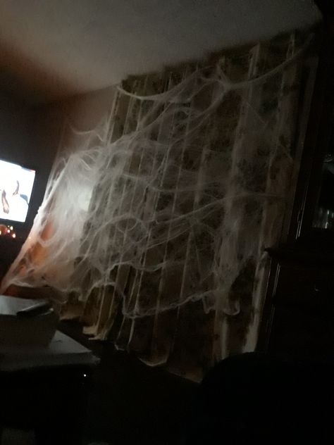 Spiderweb Room Decor, Inside Halloween Decorations, Halloween Bedroom, Halloween Movie Night, Halloween Movie, Black Drapes, Halloween Movies, Spider Web, Movie Night