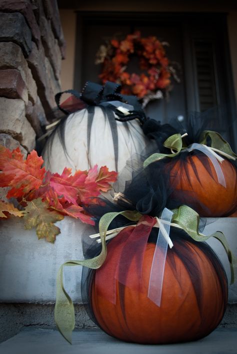 Tulle and Ribbon dresses up pumpkins with no carving needed! Hallowen Ideas, Adornos Halloween, Fall Deco, Fall Holidays, Holiday Inspiration, Samhain, Fall Fun, Fall Harvest, Dia De Muertos