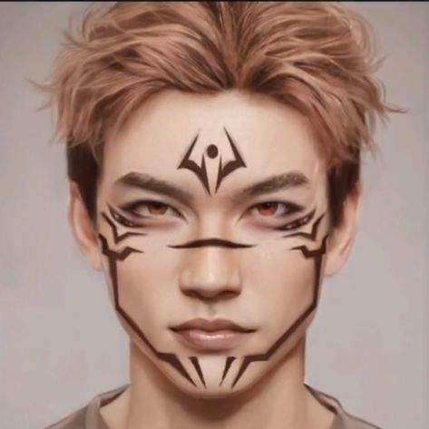 Jujutsu Kaisen Face Paint, Sukuna Halloween Makeup, Sukuna Face Paint, Anime Face Paint, Sukuna Makeup Tutorial, Bakugou Makeup Inspired, Sukuna Inspired Makeup, Sukuna Face Make Up, Halloween Makeup Male