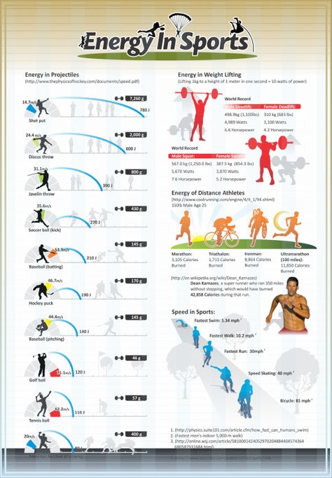 Energy in sports is an extremely important issue. You need energy to move, set various projectiles into motion, lift weight, achieve a certain level of speed. #sports #energy #calories  This is useful for people who want to know how to maintain their energy while doing various sports Science Chart, Discus Throw, Javelin Throw, Health Class, Shot Put, Physical Education, Science For Kids, Data Visualization, Burn Calories