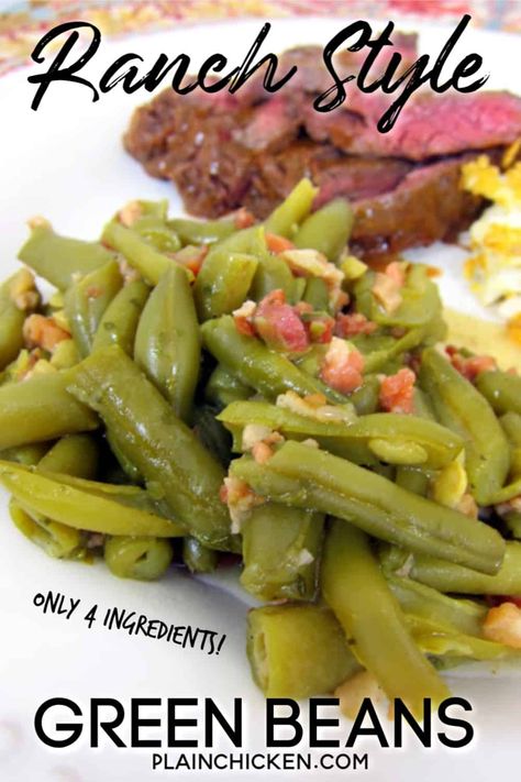 Ranch Style Green Beans Recipe - THE BEST green beans ever! Only 4 ingredients and ready in 20 minutes - you can't beat that! We eat these ALL the time! #greenbeans #sidedish Best Green Beans Ever, Canned Green Bean Recipes, Ranch Green Beans, Best Green Beans, The Best Green Beans, Green Beans Recipe, Can Green Beans, Plain Chicken, Weekly Meal Plan