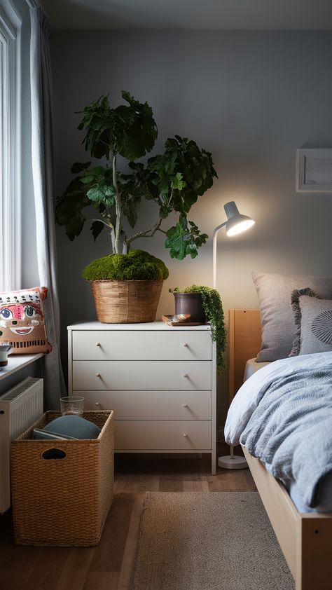 Elevate your bedroom with a calming moss garden styled effortlessly on a MALM dresser. This serene setup, featuring a cozy HEMNES bed and a playful FJÄDERMOLN cushion, invites tranquility into your space. The gentle glow from a HEKTAR floor lamp enhances the soothing ambiance, making it the perfect retreat for relaxation. Discover how to create your own peaceful haven with smart storage solutions like the SKUBB box. Ready to transform your bedroom? Click through for more inspiration and tips! #BedroomDecor #IKEAStyle #MossGarden #HomeInspiration #InteriorDesign #CozyVibes #PlantStyling Malm Bed Ikea, Hektar Floor Lamp, Hemnes Bed, Bed Ikea, Ikea Style, Malm Bed, Malm Dresser, Bedroom Oasis, Ikea Bed