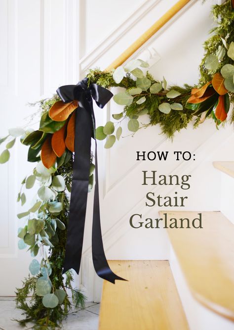 Hanging Garland On Stairs, Hang Garland On Stairs, Garland On Stairs, Stairway Banister, Jennifer Flores, Stairway Garland, Stair Garland, Banister Garland, Garland Staircase