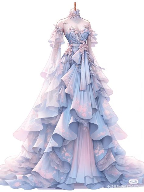 Pink And Blue Dress, Light Blue Prom Dress, Elegant Ball Gowns, Dress Design Drawing, Fantasy Dresses, Fashion Drawing Dresses, Dress Design Sketches, Princess Ball Gowns, Dress Sketches