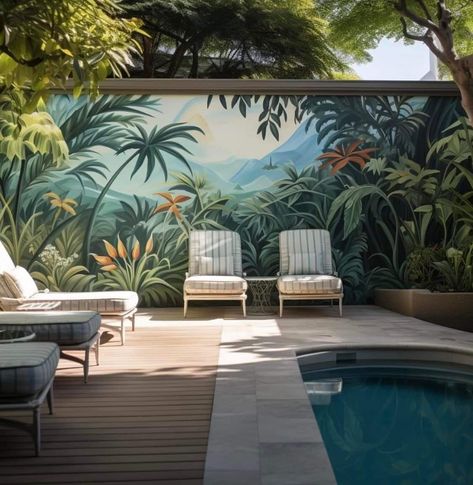 Poolside Wall Murals, Tropical Mural Painting Outdoor, Pool Mural, Bathroom Mural, Pool Paint, Garden Wall Designs, Mural Art Design, Jungle Mural, Garden Mural