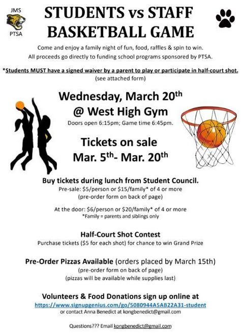 The Student vs Staff Basketball Game is on Wednesday, 3/20! | Jefferson Middle School School Fundraisers Middle School, School Fundraising Ideas Middle School, Student Council Ideas Middle School, School Events Ideas High School, Student Council Ideas High School Fundraisers, Pta Ideas For Students, Middle School Pta Ideas, How To Make The Basketball Team, Middle School Pta Events