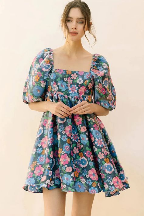 Baby Doll Dress, Head Over Heels, Puffy Sleeves, Fabric Details, Floral Mini Dress, Babydoll Dress, Square Neckline, Baby Doll, Doll Dress