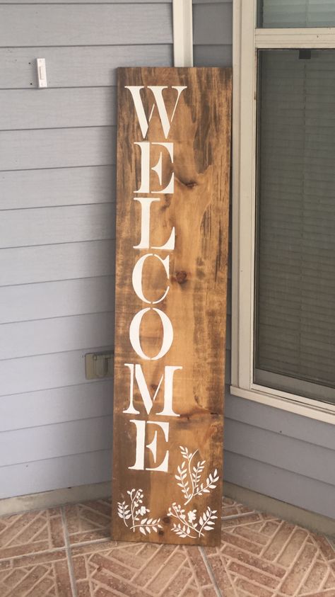 Wooden welcome sign front entry stained wood dark walnut floral Rustic Welcome Signs For Front Door, Welcome Sign Front Door Entrance, Apartment Signs, Curiosity Approach, Welcome Signs Front Door, Open Sign, Homemade Home Decor, Wooden Welcome Signs, Front Door Entrance