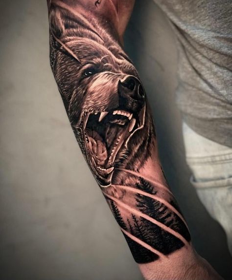 Bear And Skull Tattoo, Men’s Animal Tattoo, Bear Bicep Tattoo, Grizzly Bear Tattoos For Men Forearm, Bear Tattoos For Men Arm, Bear Half Sleeve Tattoo, Bear Tattoos For Men Forearm, Grizzly Bear Tattoos For Men, Bear Forearm Tattoo