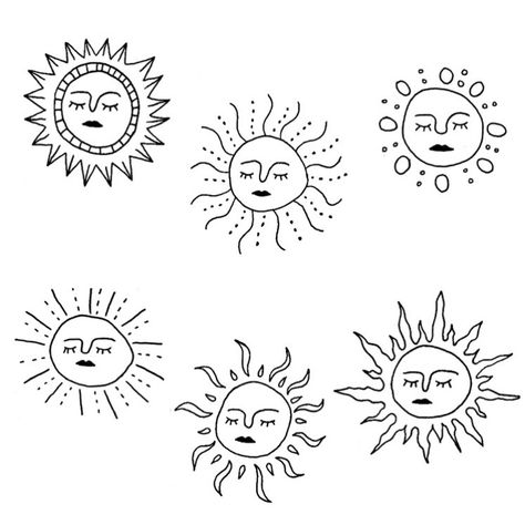 Sunshine With Face Tattoo, Small Groovy Tattoos, Sun With Sunglasses Tattoo, Simple Hippy Tattoos, Sun Doodle Tattoo, Sun Minimalist Drawing, Squiggly Sun Tattoo, Cute Linework Tattoo, Sun Sketch Simple