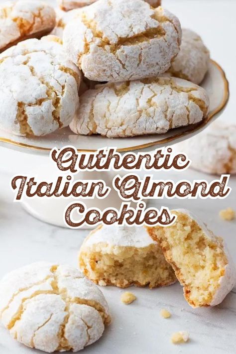 Learn how to make authentic Italian Almond Cookies with this easy cookie recipe! These traditional Italian cookies are perfect for holidays or to bring to a cookie exchange party. Their chewy texture and delightful almond flavor give these cookies a unique flavor. Simple, delicious, this cookie recipe is perfect for sharing. Simple Italian Cookies, Almond Crinkle Cookies Recipe, Italian Amaretto Butter Cookies, Almond Cookies Italian, Vanilla Almond Cookies, Italian Ricciarelli Cookies, Sicilian Almond Cookies Recipes, Italian Macaroons Recipe, Almond Tea Cookies