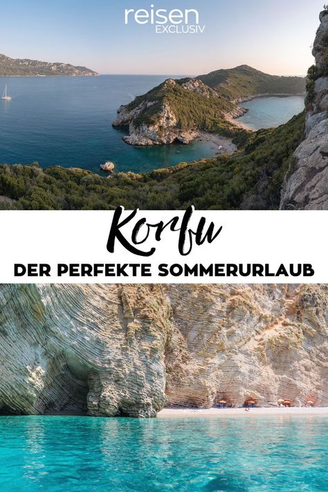 Blick auf einen Inselausläufer, eine Hügelkette, die eine Bucht um schließt, auf der ein Boot segelt. Unten Blick über das Wasser zum Strand und schroffen Kalkfelsen. Text mittig "Korfu Der perfekte Sommerurlaub", mittig oben Logo reisen EXCLUSIV. Corfu, Hotel Spa, Greece, Water, Travel, Quick Saves