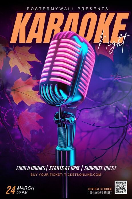 Purple 3d neon Autumn Karaoke Poster | PosterMyWall Karaoke Poster, Karaoke Poster Design, Karaoke Night Invitation, Shower Karaoke Print, Karaoke Night Poster, Karaoke Poster Design Flyer Template, Kindle Book Cover, Concept Map, Campaign Posters