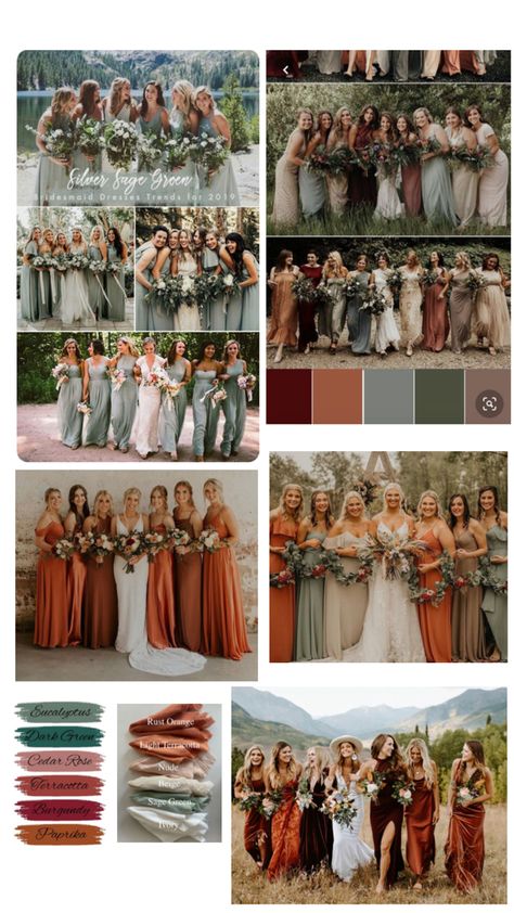 Earthy Tone Wedding Bridesmaid Dress, Earth Toned Bridal Party, Earth Tone Bridesmaid Dresses Spring, Sage Green And Terracotta Wedding Bridesmaids, Spring Vs Fall Wedding, Sage And Terracotta Bridesmaid Dresses, Rust And Sage Bridesmaid Dress, Earth Tone Wedding Dress, Fall Wedding Aesthetic Bridesmaid Dress