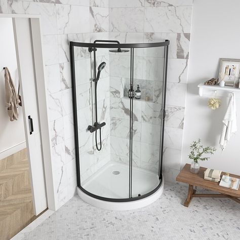 Ove Decors Breeze 32.87" W x 76.97" H Framed Round Sliding Shower Kit with Base Included | Wayfair Corner Shower Stalls, Shower Stall Kits, Corner Shower Kits, Bathtub Enclosures, Small Bathroom With Shower, Standing Shower, Small Showers, Shower Cabin, Shower Kit