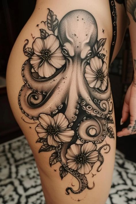 Searching for unique octopus tattoo designs? Discover the symbolism and stunning styles that could inspire your next ink masterpiece. Octopus Flowers Tattoo, Octopus Mermaid Tattoo, Water Leg Sleeve Tattoo, Trippy Octopus Drawing, Seahorse Tattoo Design Drawings, Octopus Tattoo Women, Octopus Half Sleeve Tattoo, Nautical Flower Tattoo, Sea Life Tattoo Ideas