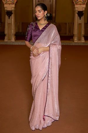 Brasso Saree - Buy Brasso Sarees Online @ Best Price | Karagiri Organza Blouse Designs, Pink Organza Saree, Pink Saree Blouse, Contrast Outfit, Combination Dresses, Purple Weave, Light Pink Blouses, Party Wear Gown, Organza Wedding